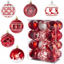 ZESTAW BOMBKI ŚWIĄTECZNE 24 SZT 7CM CZERWONE MIX ELEGANCKIE NA CHOINKĘ PRO