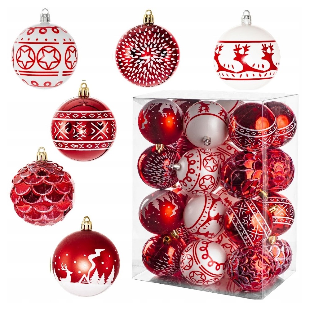 ZESTAW BOMBKI ŚWIĄTECZNE 24 SZT 7CM CZERWONE MIX ELEGANCKIE NA CHOINKĘ PRO